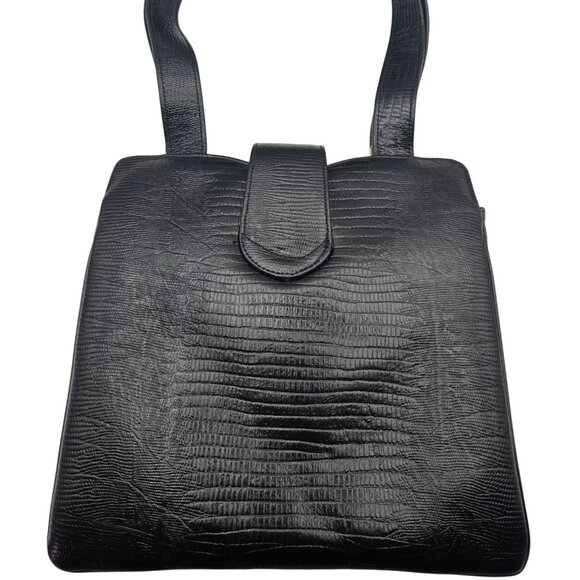 Vintage Black Faux Croc Embossed Shoulder Bag Lady Like Old Money - Picture 2 of 12